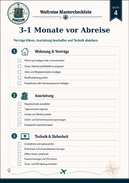 Vorschauseite der Weltreise Mastercheckliste: Ausrüstung und Sicherheit