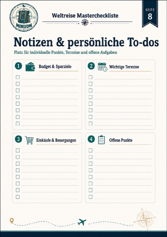 Vorschauseite der Weltreise Mastercheckliste: Notizen und persönliche To-dos