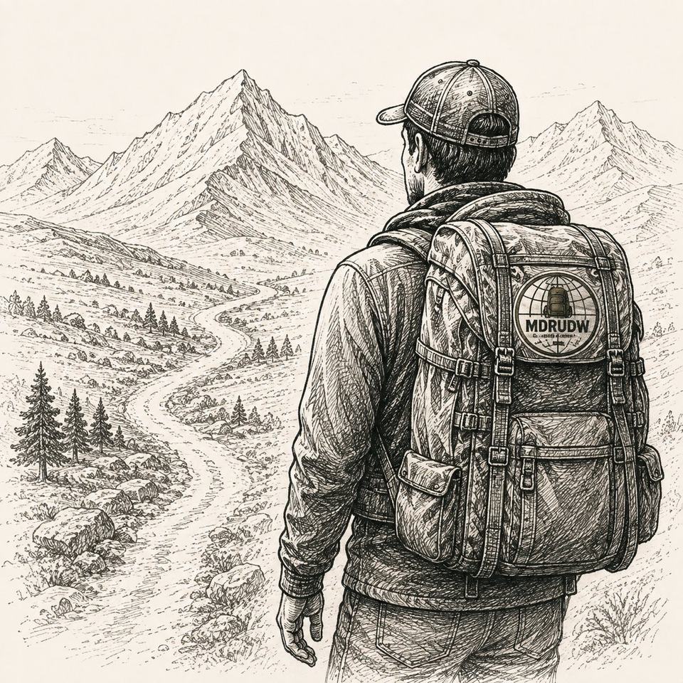 Illustrativer MDRUDW-Platzhalter: Backpacker mit Rucksack vor Berglandschaft